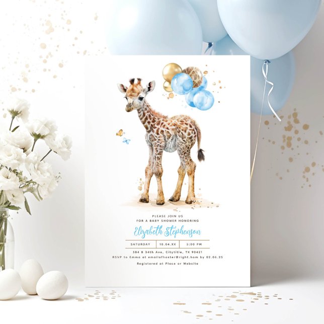 Giraffe Baby Cute Brown och Blue Baby Shower Inbjudningar (Giraffe Boy Baby Shower Invitations)