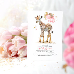 Giraffe Baby Cute Rosa Brown Guld Baby Shower Inbjudningar