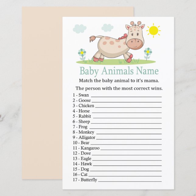 Giraffe Baby djur Namn Game (Fram/baksida)