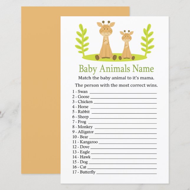 Giraffe Baby Djur Namn Lek (Fram/baksida)