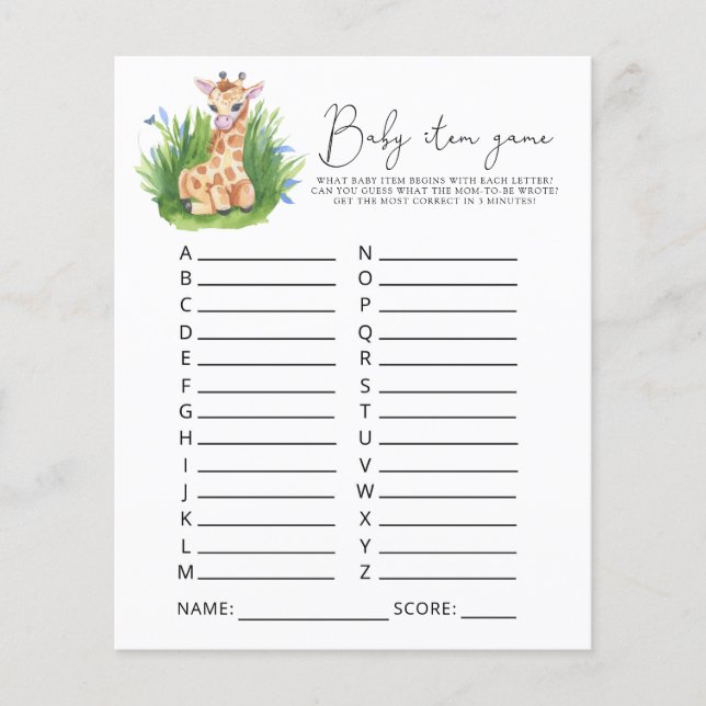 Giraffe Baby Item Game. Baby Shower-spel (Framsida)