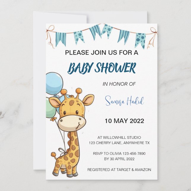 Giraffe Baby Shower - Boy Inbjudningar (Framsida)