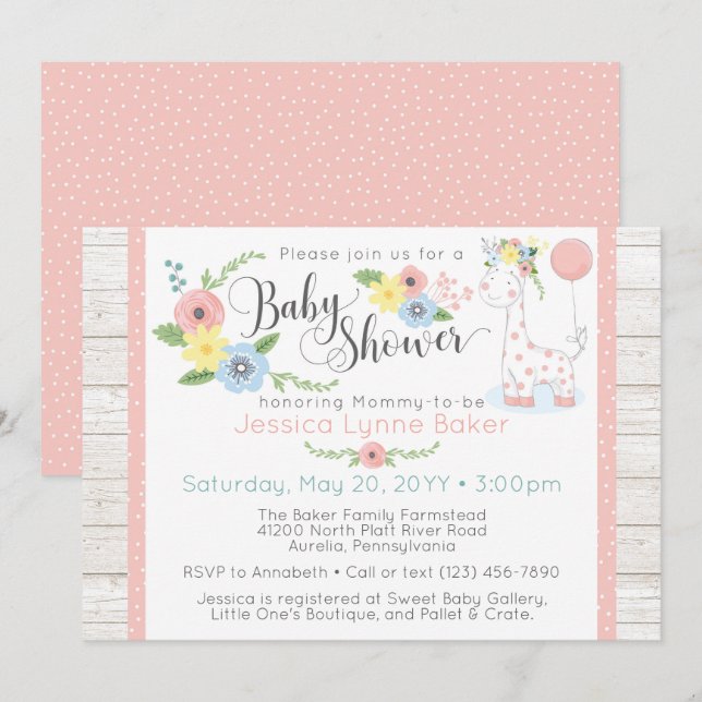 Giraffe Baby Shower | Cute Blommigt & Rustic Wood Inbjudningar (Fram/baksida)