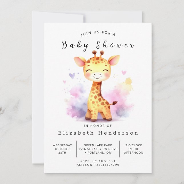Giraffe Baby Shower för utskrift av elegant Inbjudningar (Framsida)