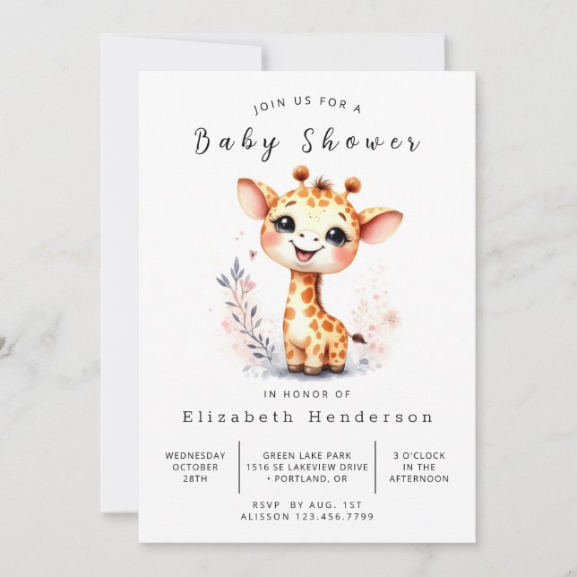 Giraffe Baby Shower för utskrift av roligt Inbjudningar (Framsida)