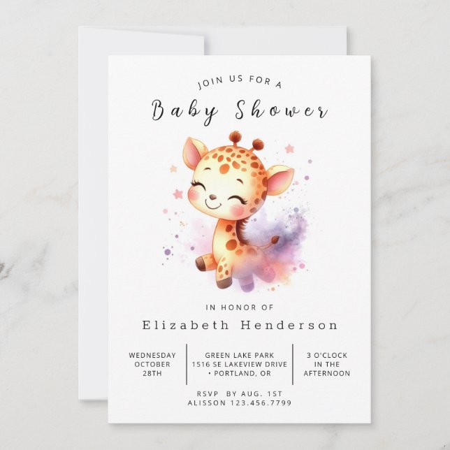 Giraffe Baby Shower för utskrift av roligt Inbjudningar (Framsida)