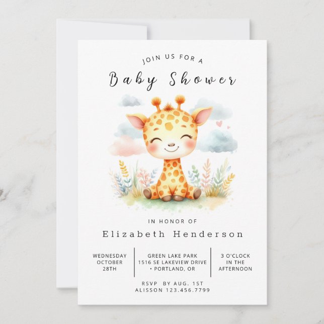 Giraffe Baby Shower för vattenfärg, utskrivbar Inbjudningar (Framsida)