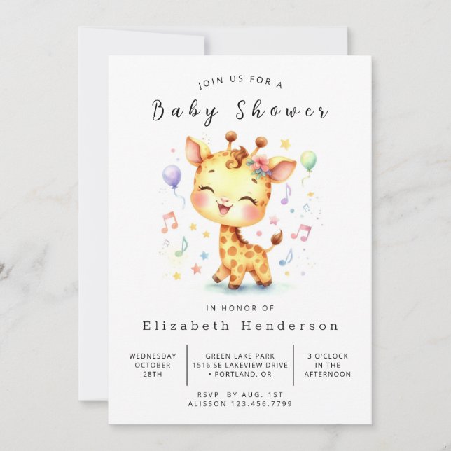 Giraffe Baby Shower för vattenfärg, utskrivbar Inbjudningar (Framsida)