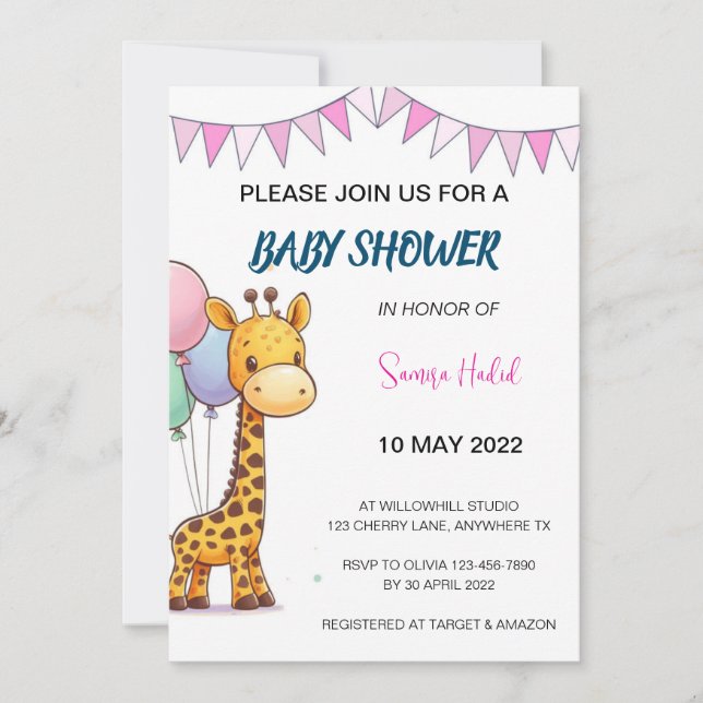 Giraffe Baby Shower - Girl Inbjudningar (Framsida)
