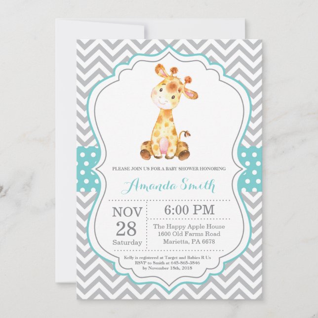 Giraffe Baby Shower-inbjudan Aqua och Grått Inbjudningar (Framsida)