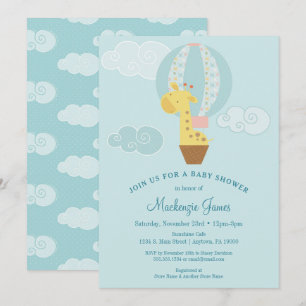 Giraffe Baby Shower-inbjudan Blue Boy Balloon Inbjudningar