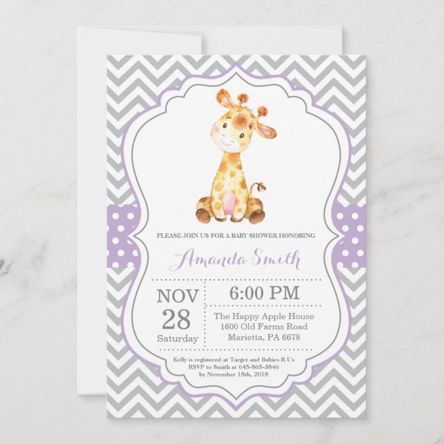 Giraffe Baby Shower-inbjudan Lila och Grått Inbjudningar (Framsida)