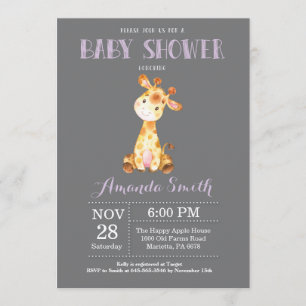 Giraffe Baby Shower-inbjudan Lila och Grått Inbjudningar