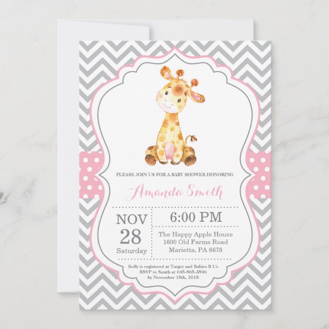 Giraffe Baby Shower-inbjudan Rosa och Grått Inbjudningar (Framsida)