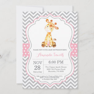 Giraffe Baby Shower-inbjudan Rosa och Grått Inbjudningar