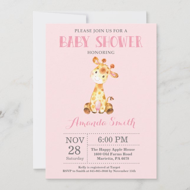 Giraffe Baby Shower-inbjudan Rosa och Grått Inbjudningar (Framsida)