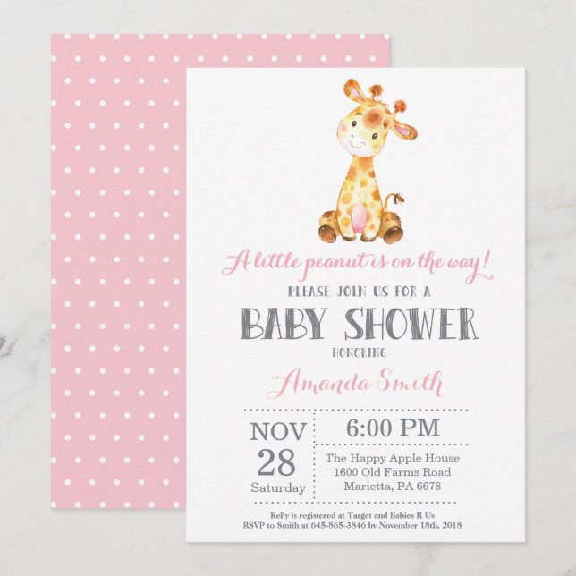 Giraffe Baby Shower-inbjudan Rosa och Grått Inbjudningar (Fram/baksida)