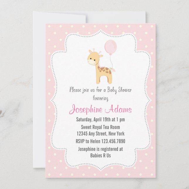 Giraffe Baby Shower-Rosa Inbjudningar (Framsida)
