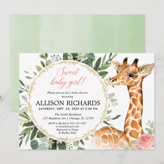 Giraffe babydusch, flicka-djungeltema, sötat inbjudningar (Fram/baksida)