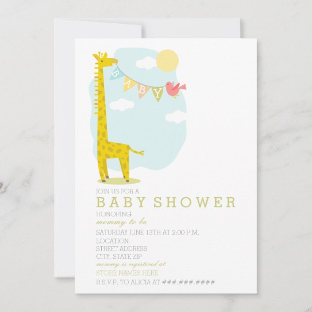 Giraffe + Bird Neutralt Baby Shower Inbjudningar (Framsida)