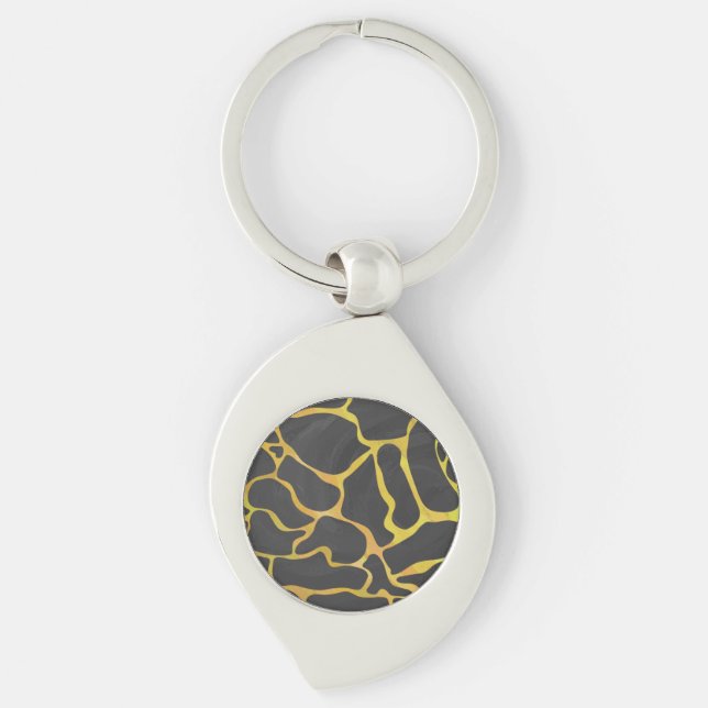 Giraffe Black and Gult Print Swirl Silverfärgad Nyckelring (Framsidan)