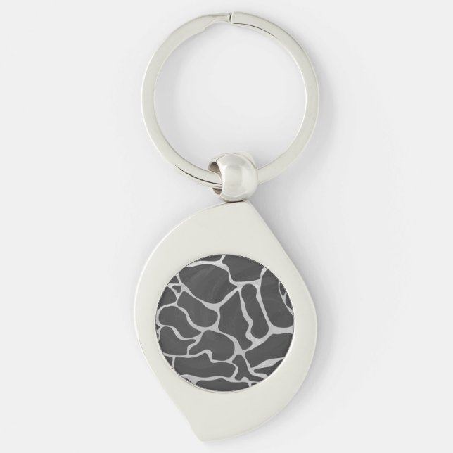 Giraffe Black and Light Grått Print Swirl Silverfärgad Nyckelring (Framsidan)