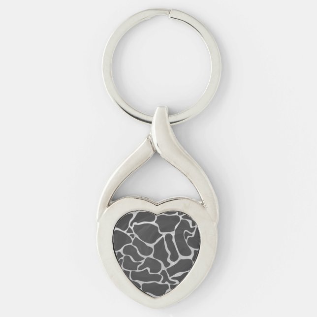 Giraffe Black and Light Grått Print Twisted Heart Silverfärgad Nyckelring (Framsidan)