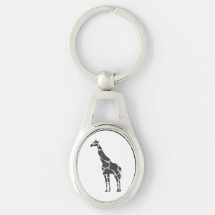 Giraffe Black och Grått Silhoutte Ovalt Silverfärgad Nyckelring