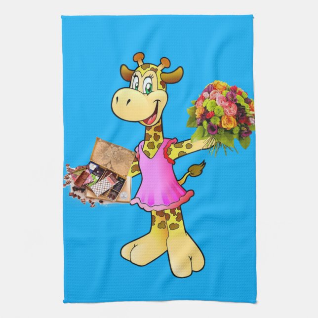 Giraffe Blommigt Blue Kitchen Hand Towel Kökshandduk (Vertikal)