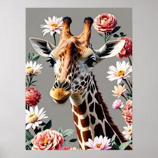 giraffe-blommigt poster