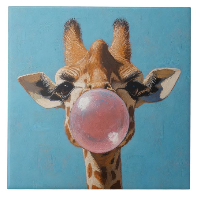 Giraffe Blowing Pink Bubblegum Bubble Kakelplatta (Framsidan)