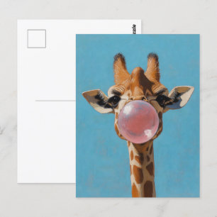 Giraffe Blowing Rosa Bubblegum Bubble Vykort