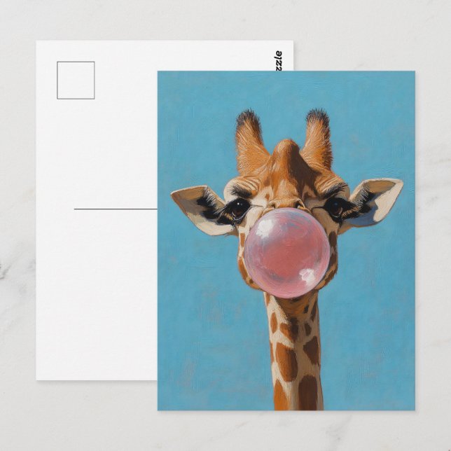Giraffe Blowing Rosa Bubblegum Bubble Vykort (Fram/baksida)