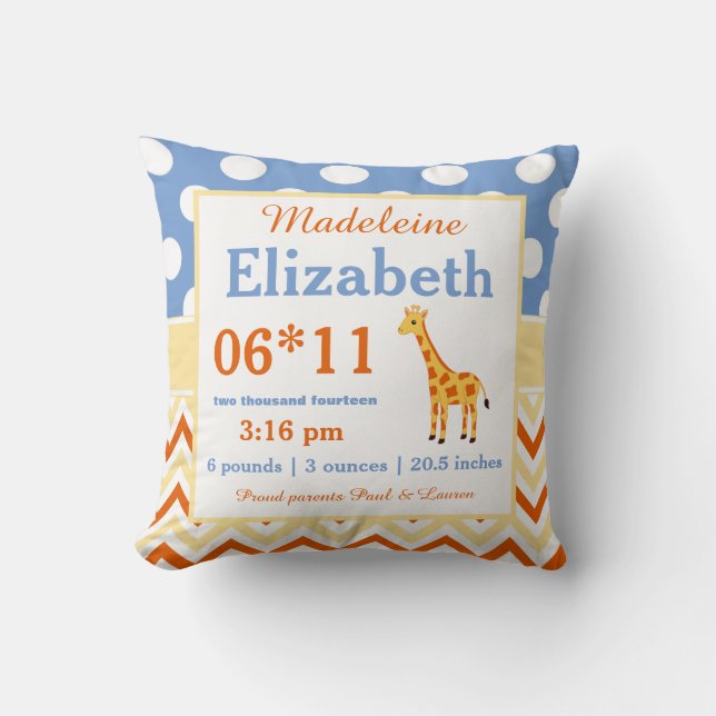 Giraffe Blue Gult Baby annnouncement Pillow Kudde (Framsida)