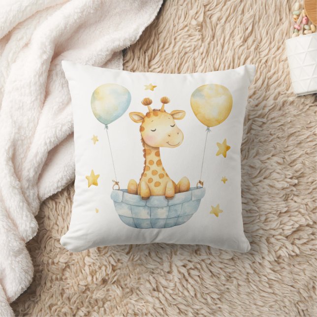 Giraffe Blue Gult Basket Balloons Boys Nursery Kudde (Filt)