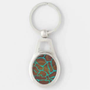 Giraffe Brown och Teal Print Ovalt Silverfärgad Nyckelring