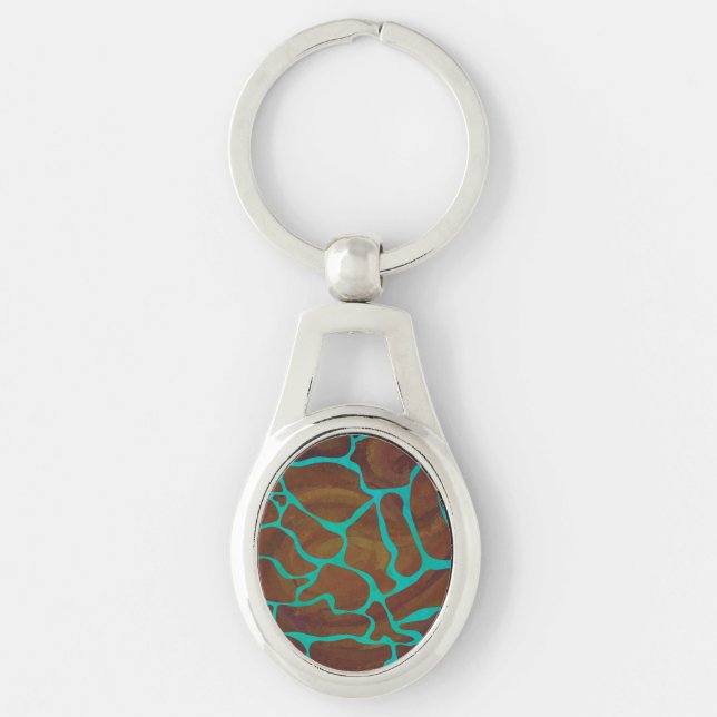 Giraffe Brown och Teal Print Ovalt Silverfärgad Nyckelring (Framsidan)
