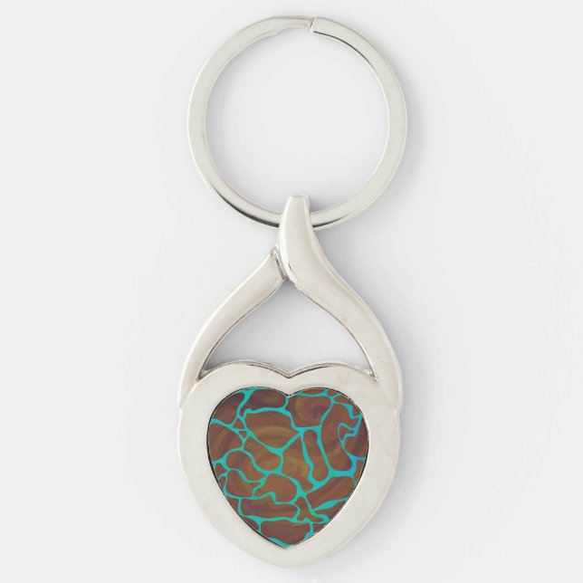 Giraffe Brown och Teal Print Twisted Heart Silverfärgad Nyckelring (Framsidan)