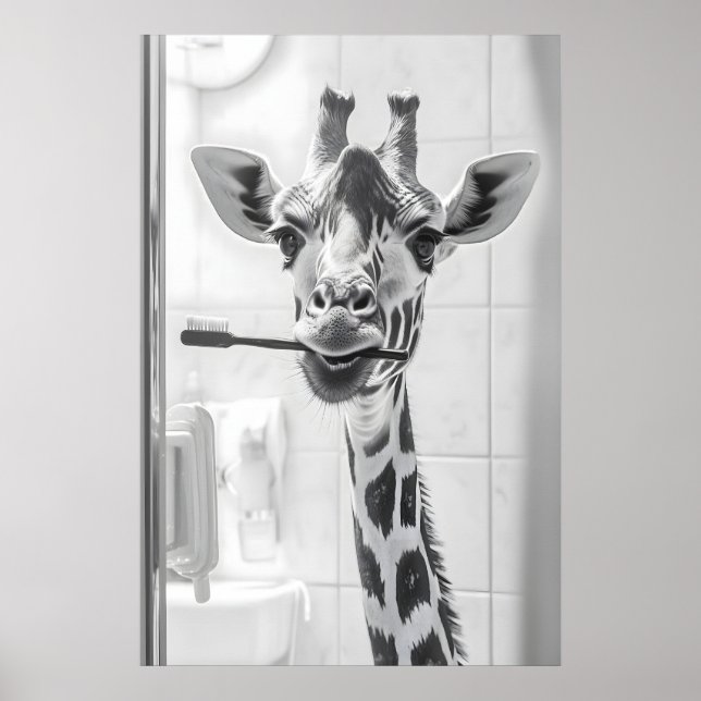 Giraffe Brushing Teeth Print, Funny Bathroom Poster (Framsidan)