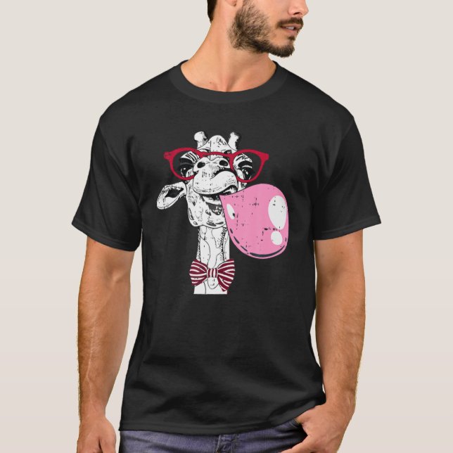 Giraffe Bubblegum Nerd Glasses Bowtie Cute Halldue T Shirt (Framsida)