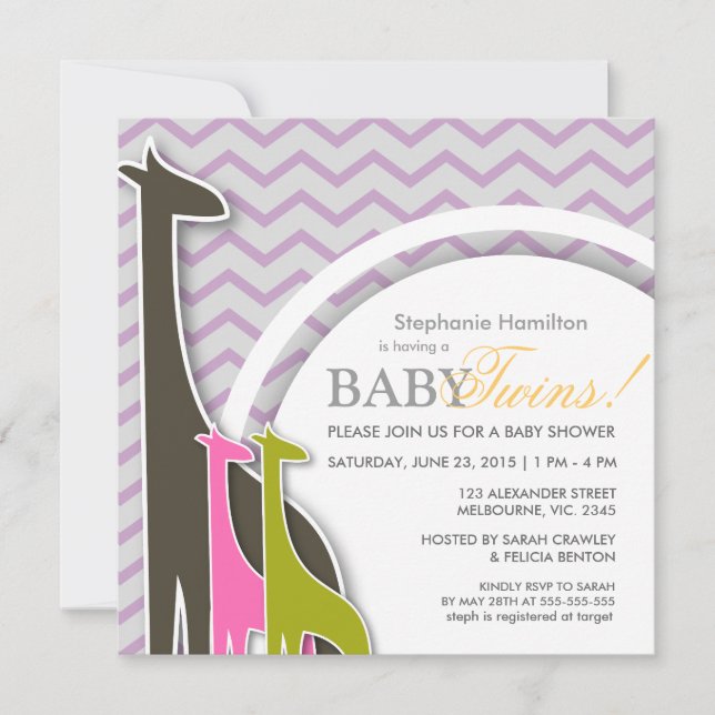 Giraffe chevron baby twillingars dusch inbjudnings inbjudningar (Framsida)
