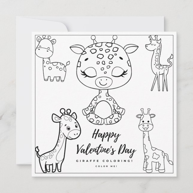 Giraffe Coloring Page Girl Card Valentine Day (Framsida)