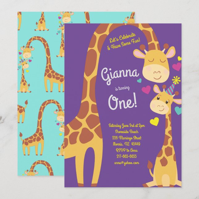 Giraffe Cute Kids bjudande in på födelsedagspartie Inbjudningar (Fram/baksida)