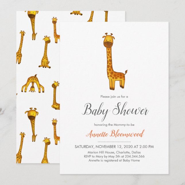 Giraffe Cute Minimalist Baby Shower Inbjudningar (Fram/baksida)