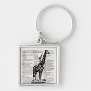 Giraffe Dictionary Art Fyrkantig Silverfärgad Nyckelring