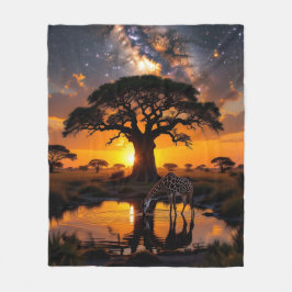 Giraffe dinking vatten i African Cosmic Sunset Fle Fleecefilt