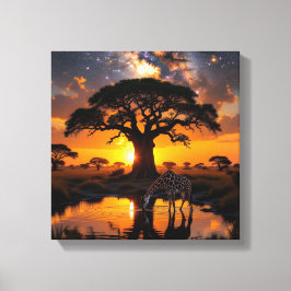 Giraffe dricker vatten i Cosmic African Sunset Canvastryck