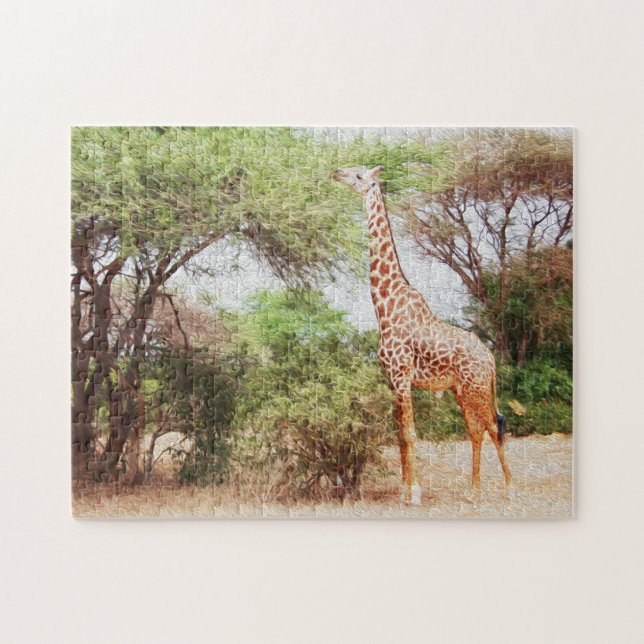 Giraffe Eating Lövs Painting Photo Pussel (Horisontell)
