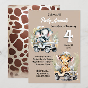 Giraffe elephant jungle safari vilda djur-barn inbjudningar