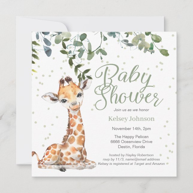 Giraffe Eucalyptus Greenery Neutralt Baby Shower Inbjudningar (Framsida)